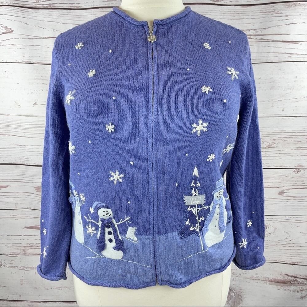 Croft & Barrow blue snowman winter snow sweater beaded